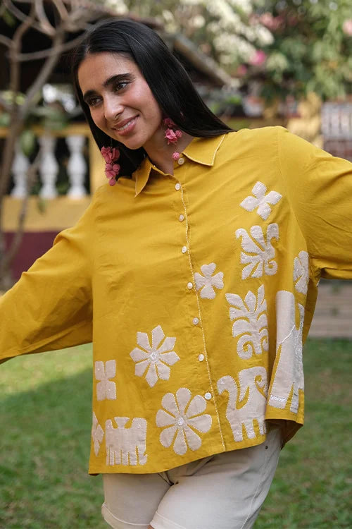 Okhai "Daylight" Hand Applique work Pure Cotton Mustard Shirt