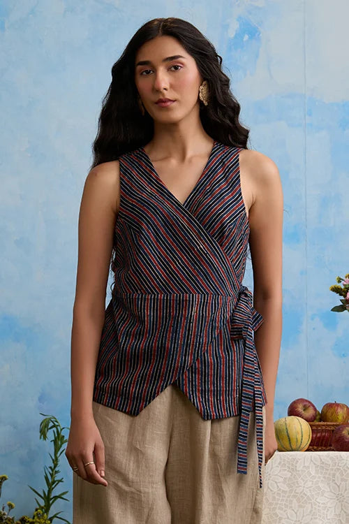 Okhai "Pinstripe" Cotton Ajrakh Sleeveless Wrap Top