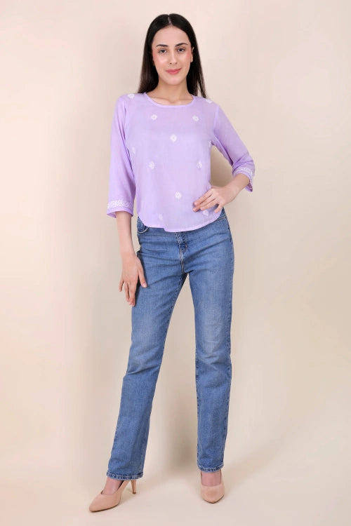 Shwet Women Hand Embroidered "Pastel Poise" Lavendar Short Top