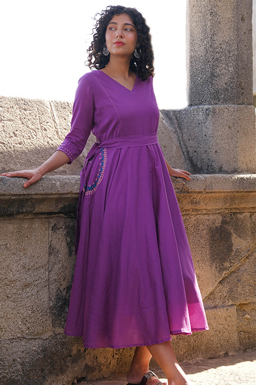 Okhai "Magical Amethyst" Hand Embroidered Pure Cotton Mul Flared Dress