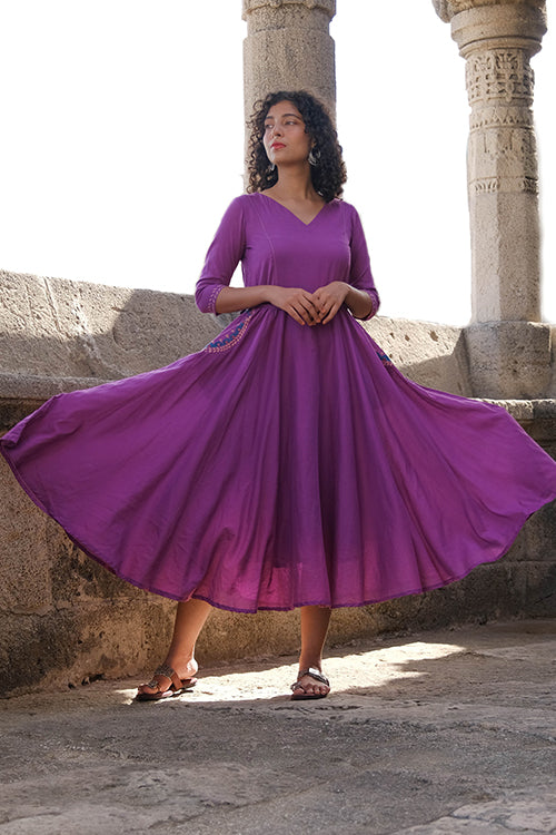 Okhai "Magical Amethyst" Hand Embroidered Pure Cotton Mul Flared Dress