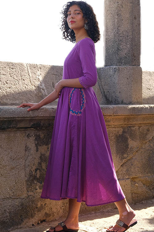 Okhai "Magical Amethyst" Hand Embroidered Pure Cotton Mul Flared Dress