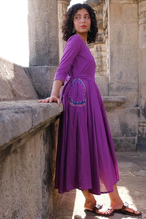 Okhai "Magical Amethyst" Hand Embroidered Pure Cotton Mul Flared Dress