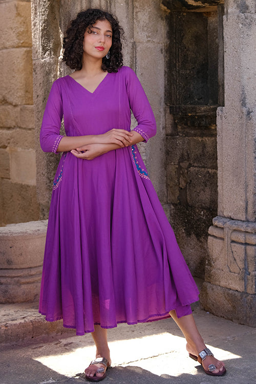 Okhai "Magical Amethyst" Hand Embroidered Pure Cotton Mul Flared Dress