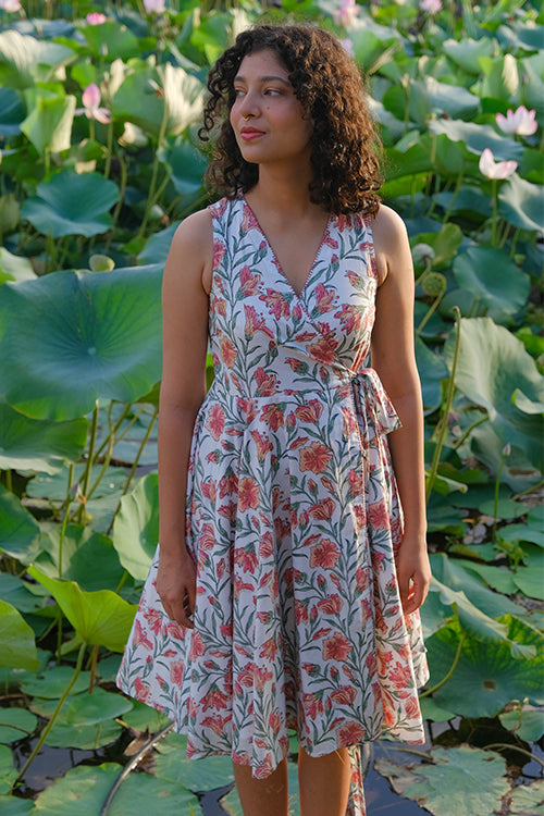 Okhai Dahlia Dreams Embroidered Printed Cotton Sleeveless Wrap Dress 