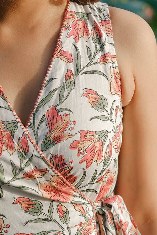 Okhai "Dahlia Dreams" Hand Embroidered Hand Block Printed Pure Cotton Sleeveless Wrap Dress