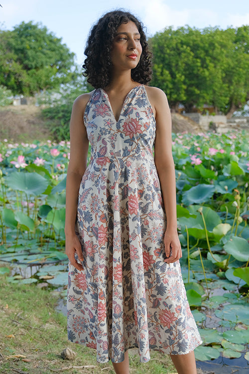 sleeveless dress, hand embroidered dress, printed dress, pure cotton dress