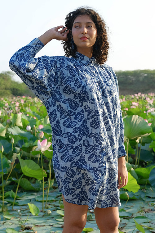 Okhai "Blue Monsoon" Hand Embroidered Mirror Work Handblock Printed Pure Cotton Shirt Dress