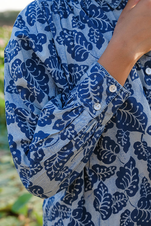 Okhai "Blue Monsoon" Hand Embroidered Mirror Work Handblock Printed Pure Cotton Shirt Dress