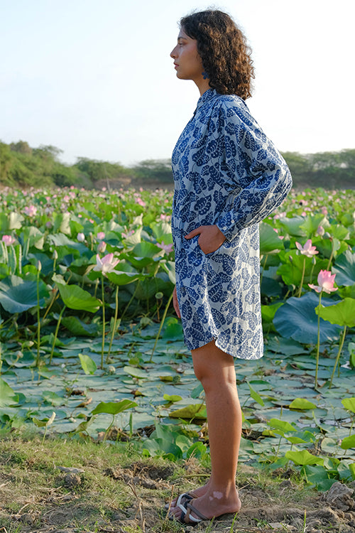 Okhai "Blue Monsoon" Hand Embroidered Mirror Work Handblock Printed Pure Cotton Shirt Dress