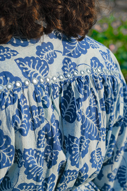 Okhai "Blue Monsoon" Hand Embroidered Mirror Work Handblock Printed Pure Cotton Shirt Dress