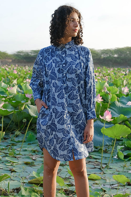 Okhai "Blue Monsoon" Hand Embroidered Mirror Work Handblock Printed Pure Cotton Shirt Dress