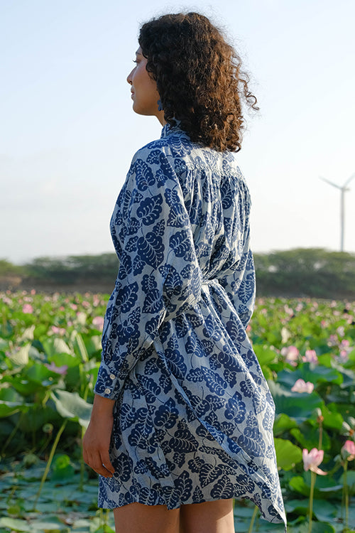 Okhai "Blue Monsoon" Hand Embroidered Mirror Work Handblock Printed Pure Cotton Shirt Dress