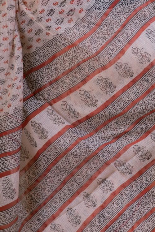 TICH Light & Cool. Bagru Block Printed Kota Doria Saree - Leaf & Posy  (Without Blouse Piece)