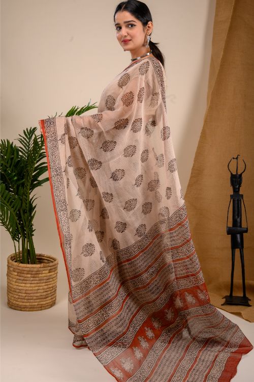 TICH Light & Cool. Soft Bagru Block Printed Kota Doria Saree - Beige & Black Floral