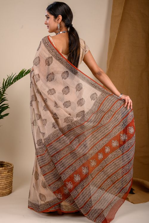 TICH Light & Cool. Soft Bagru Block Printed Kota Doria Saree - Beige & Black Floral