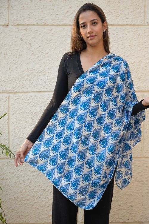 TICH Light & Elegant Silk Batik Stole - Blue Feathers