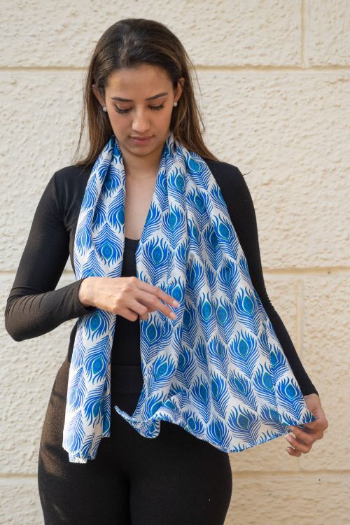TICH Light & Elegant Silk Batik Stole - Blue Feathers