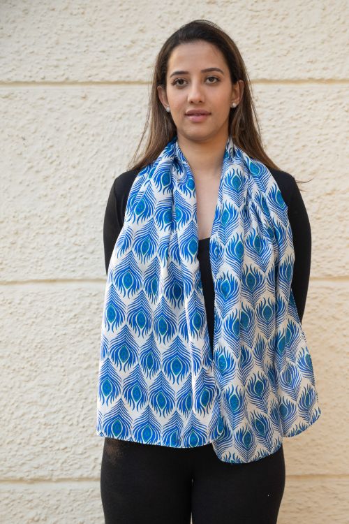 TICH Light & Elegant Silk Batik Stole - Blue Feathers