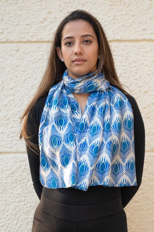 TICH Light & Elegant Silk Batik Stole - Blue Feathers