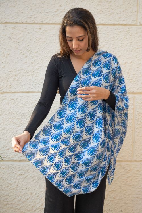 TICH Light & Elegant Silk Batik Stole - Blue Feathers
