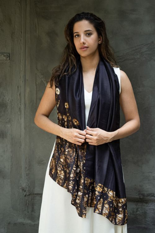 TICH Light & Elegant Silk Batik Stole - Brown Leaves