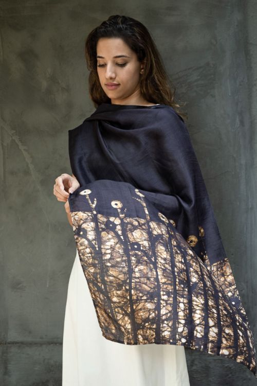 TICH Light & Elegant Silk Batik Stole - Brown Leaves