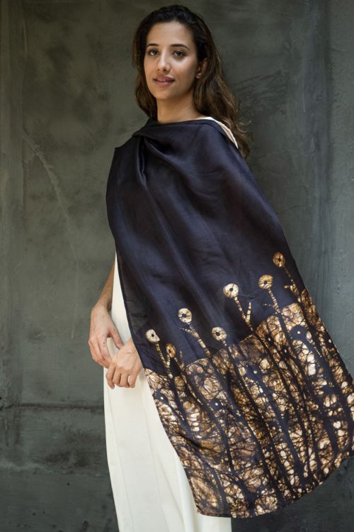 TICH Light & Elegant Silk Batik Stole - Brown Leaves