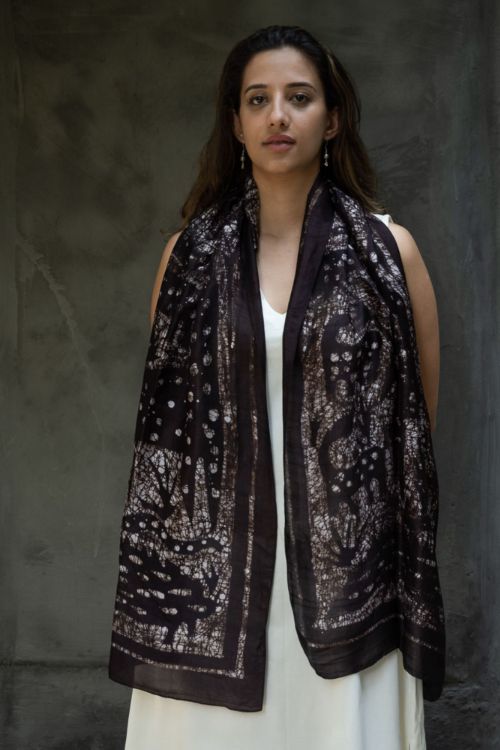 TICH Light & Elegant Silk Batik Stole - Dark Brown Abstract