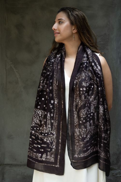 TICH Light & Elegant Silk Batik Stole - Dark Brown Abstract