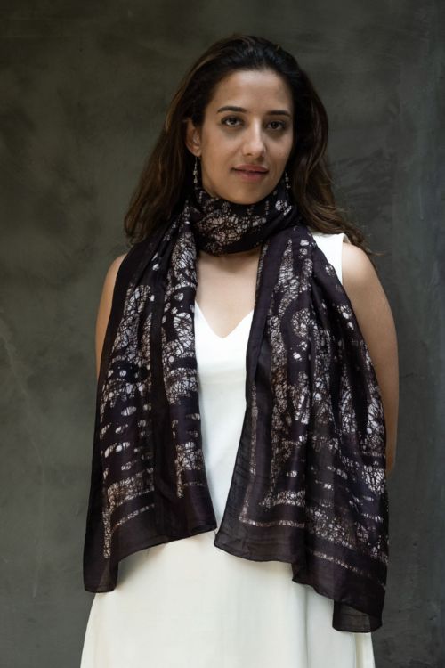 TICH Light & Elegant Silk Batik Stole - Dark Brown Abstract