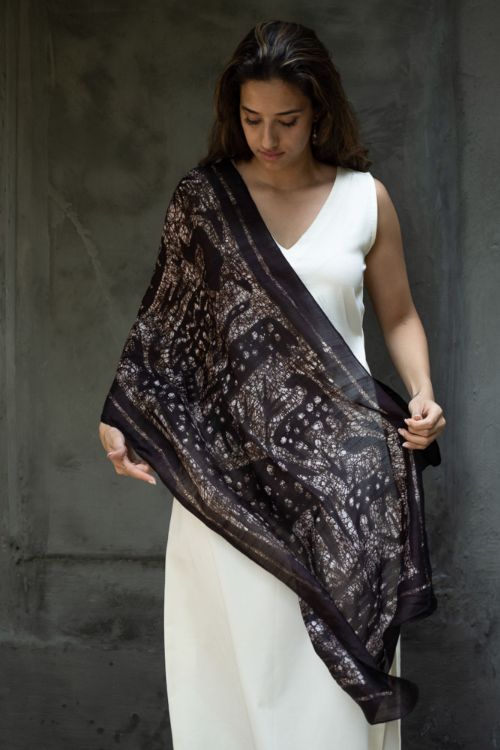 TICH Light & Elegant Silk Batik Stole - Dark Brown Abstract