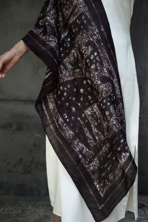 TICH Light & Elegant Silk Batik Stole - Dark Brown Abstract