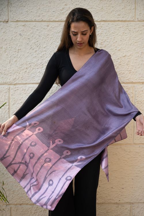 TICH Light & Elegant Silk Batik Stole - Lavender Stems