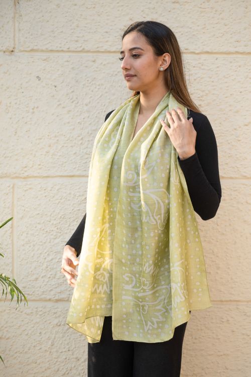 TICH Light & Elegant Silk Batik Stole - Lime Dots