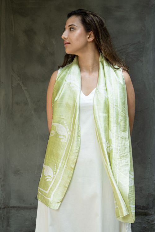 TICH Light & Elegant Silk Batik Stole - Lime Green Vines