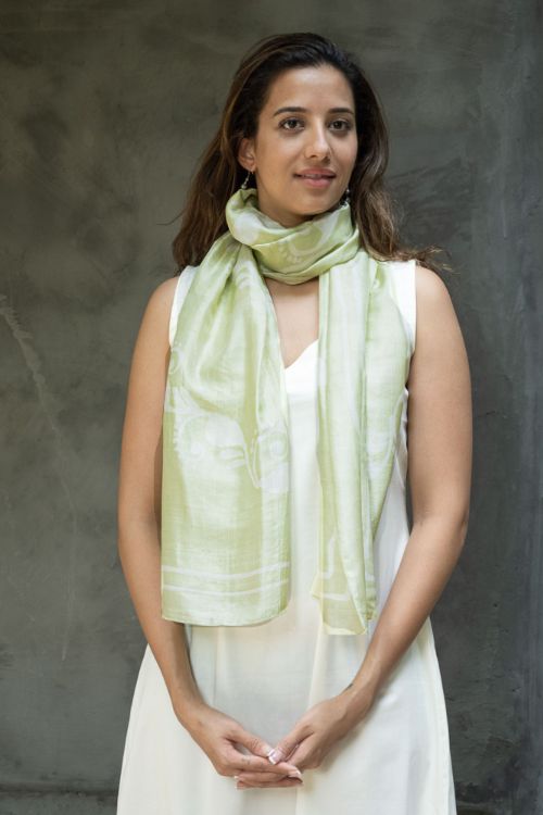 TICH Light & Elegant Silk Batik Stole - Lime Green Vines
