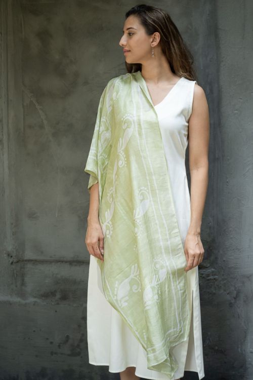 TICH Light & Elegant Silk Batik Stole - Lime Green Vines