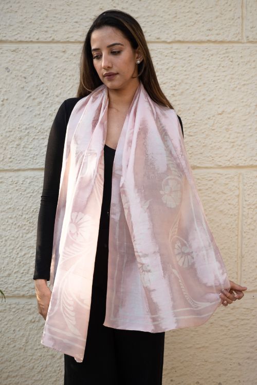 TICH Light & Elegant Silk Batik Stole - Pale Pink Flora