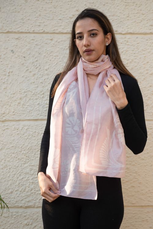 TICH Light & Elegant Silk Batik Stole - Pale Pink Flora