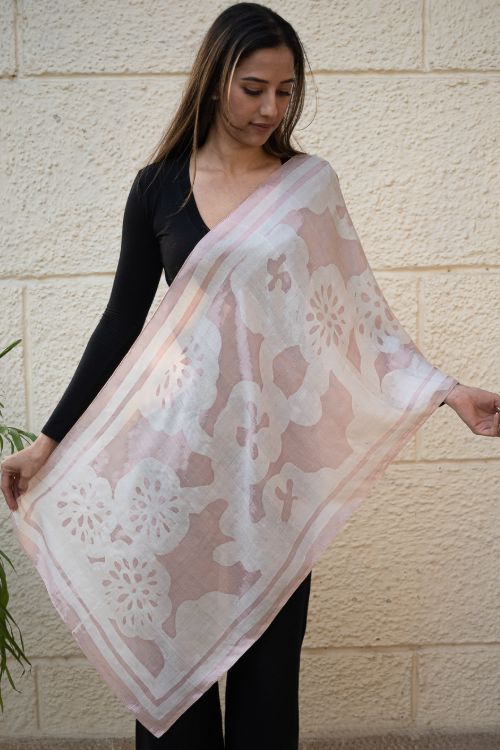 TICH Light & Elegant Silk Batik Stole - Pink Flora