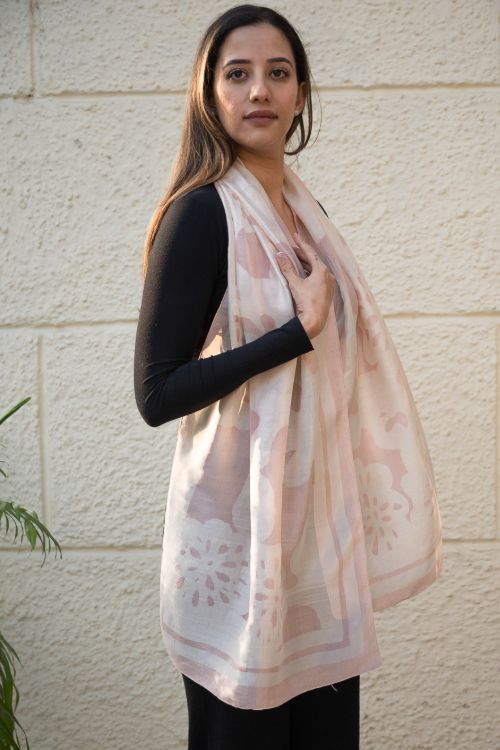 TICH Light & Elegant Silk Batik Stole - Pink Flora