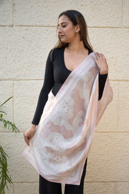TICH Light & Elegant Silk Batik Stole - Pink Flora