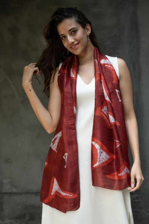 TICH Light & Elegant Silk Batik Stole - Red Abstract
