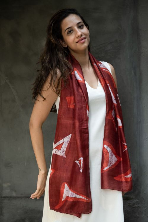 TICH Light & Elegant Silk Batik Stole - Red Abstract