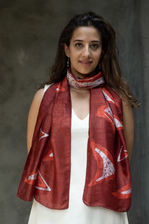 TICH Light & Elegant Silk Batik Stole - Red Abstract