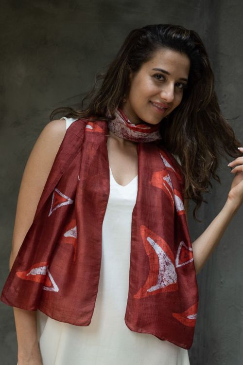 TICH Light & Elegant Silk Batik Stole - Red Abstract