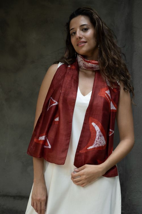 TICH Light & Elegant Silk Batik Stole - Red Abstract