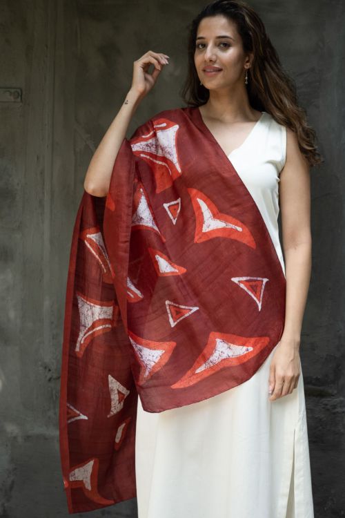TICH Light & Elegant Silk Batik Stole - Red Abstract