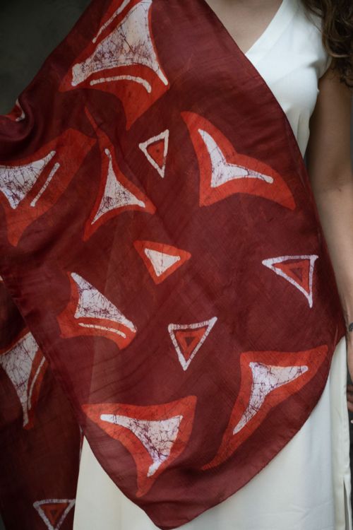 TICH Light & Elegant Silk Batik Stole - Red Abstract